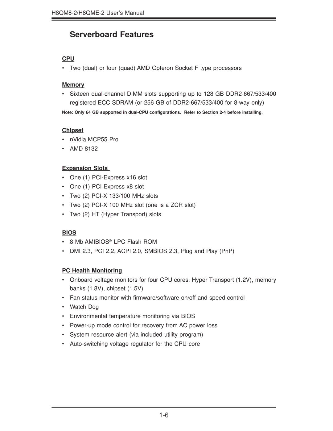 SUPER MICRO Computer H8QME-2, H8QM8-2 user manual Serverboard Features, Cpu 