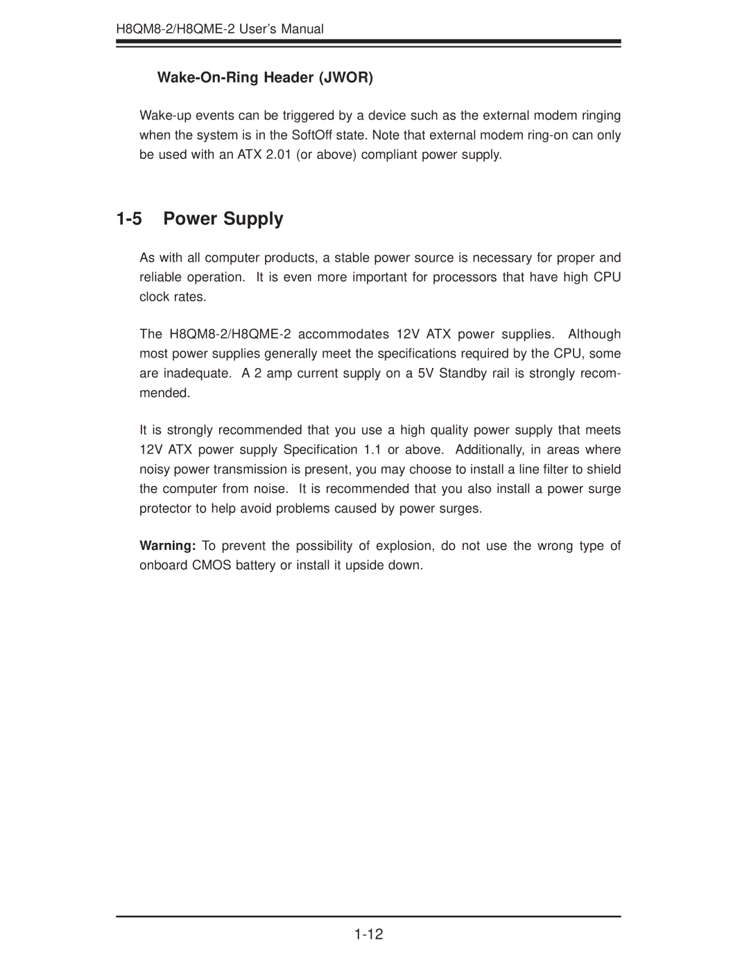 SUPER MICRO Computer H8QME-2, H8QM8-2 user manual Power Supply, Wake-On-Ring Header Jwor 