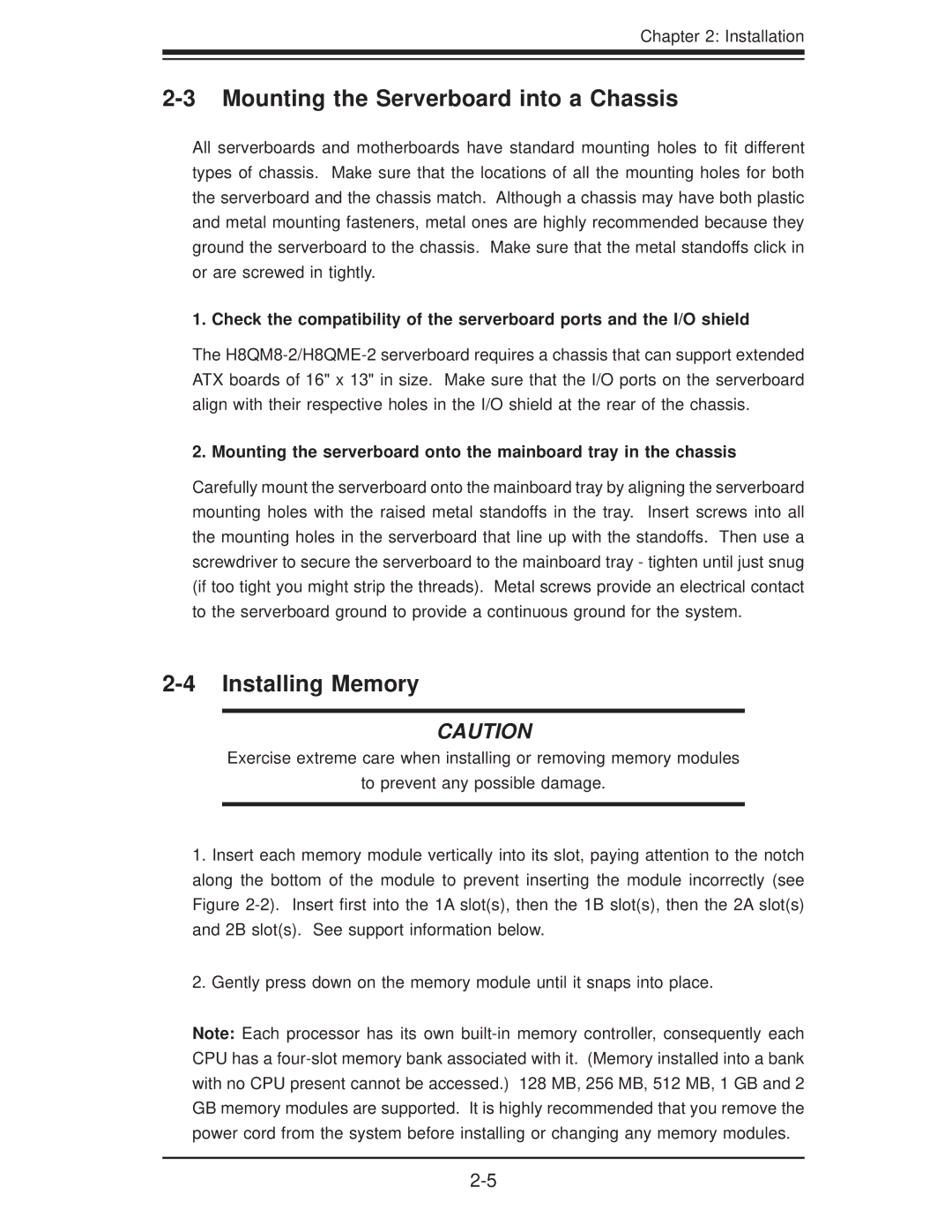 SUPER MICRO Computer H8QM8-2, H8QME-2 user manual Mounting the Serverboard into a Chassis, Installing Memory 