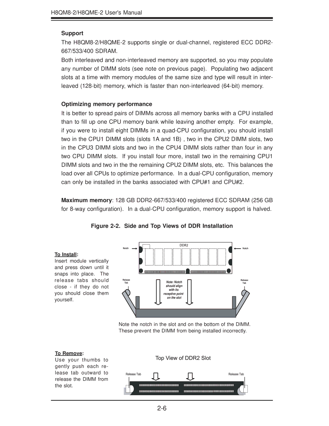 SUPER MICRO Computer H8QME-2, H8QM8-2 user manual Side and Top Views of DDR Installation 