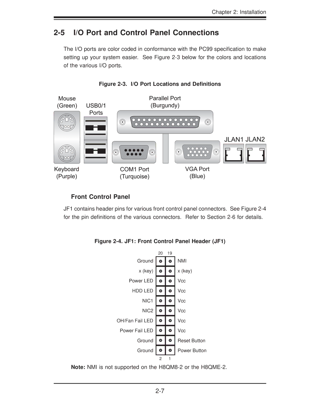 SUPER MICRO Computer H8QM8-2, H8QME-2 user manual I/O Port and Control Panel Connections, Front Control Panel 