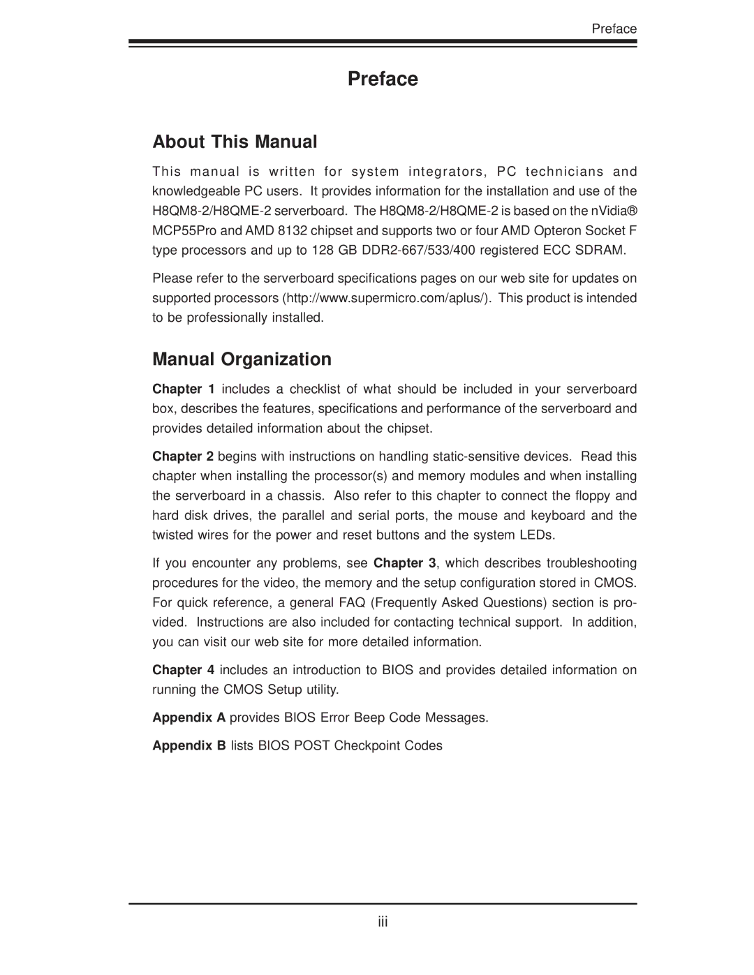 SUPER MICRO Computer H8QM8-2, H8QME-2 user manual About This Manual, Manual Organization 