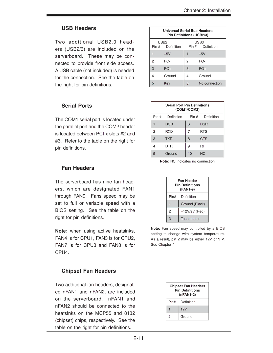 SUPER MICRO Computer H8QM8-2, H8QME-2 user manual USB Headers, Serial Ports, Chipset Fan Headers 