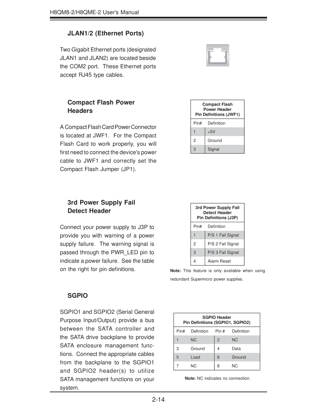 SUPER MICRO Computer H8QME-2 JLAN1/2 Ethernet Ports, Compact Flash Power Headers, 3rd Power Supply Fail Detect Header 