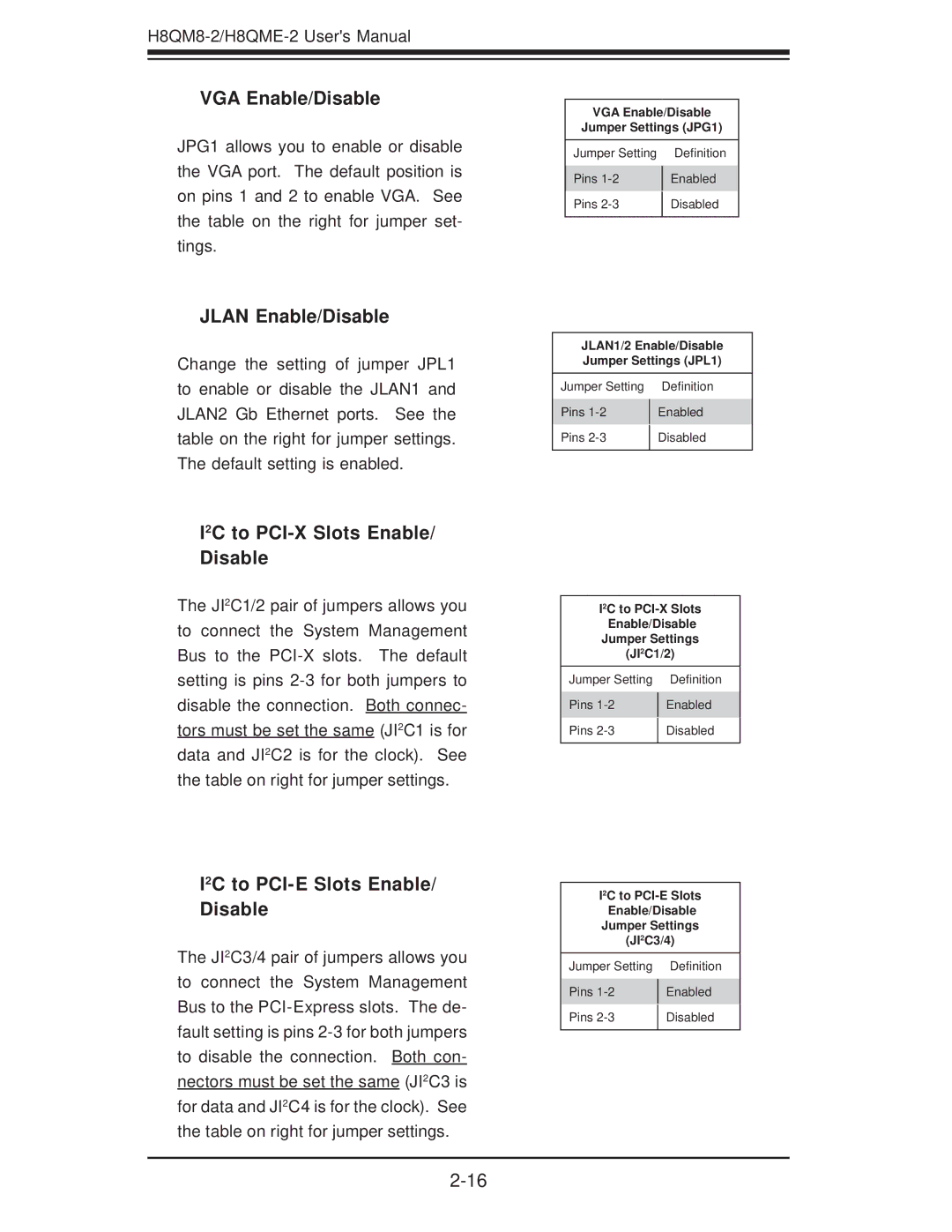 SUPER MICRO Computer H8QME-2, H8QM8-2 VGA Enable/Disable, Jlan Enable/Disable, I2C to PCI-X Slots Enable/ Disable 