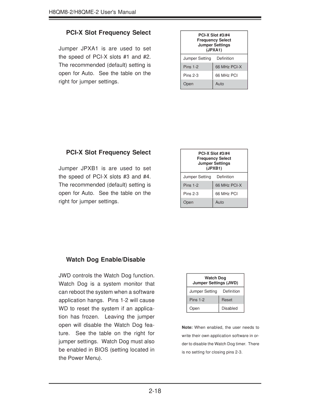 SUPER MICRO Computer H8QME-2, H8QM8-2 user manual PCI-X Slot Frequency Select, Watch Dog Enable/Disable 