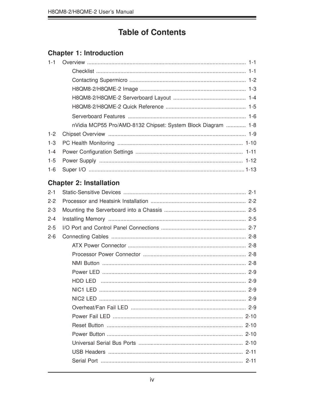 SUPER MICRO Computer H8QME-2, H8QM8-2 user manual Table of Contents 