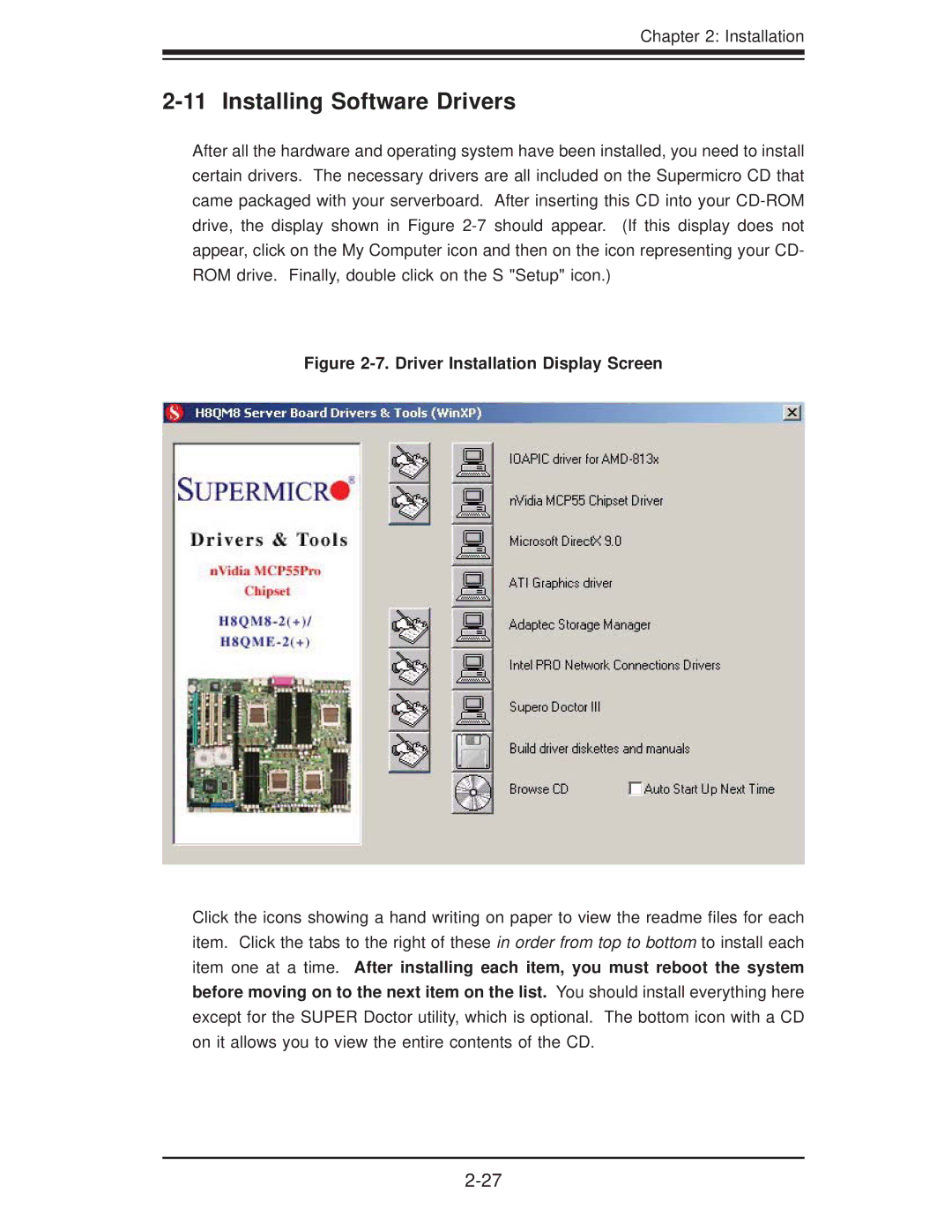 SUPER MICRO Computer H8QM8-2, H8QME-2 user manual Installing Software Drivers, Driver Installation Display Screen 