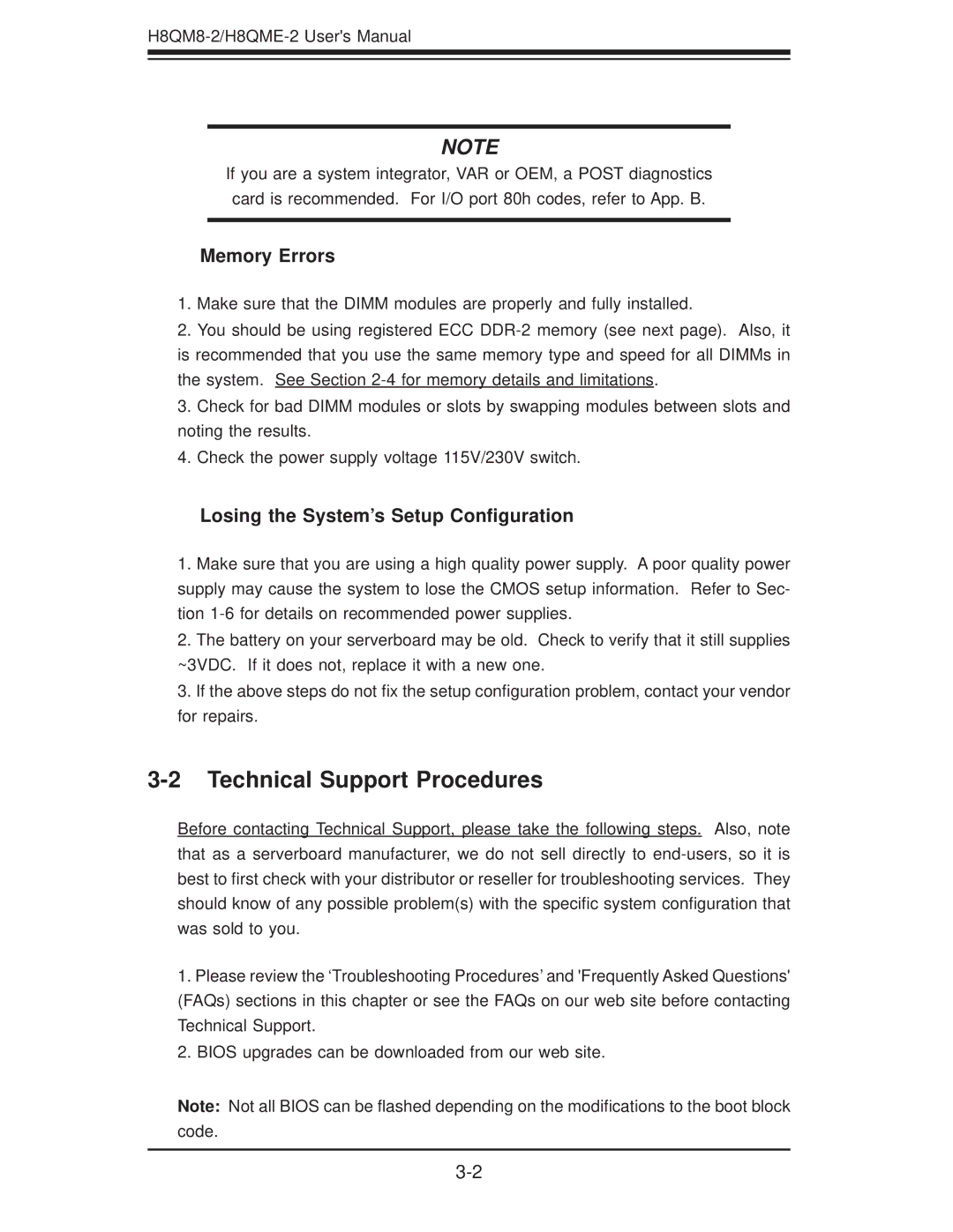 SUPER MICRO Computer H8QME-2, H8QM8-2 Technical Support Procedures, Memory Errors, Losing the System’s Setup Conﬁguration 