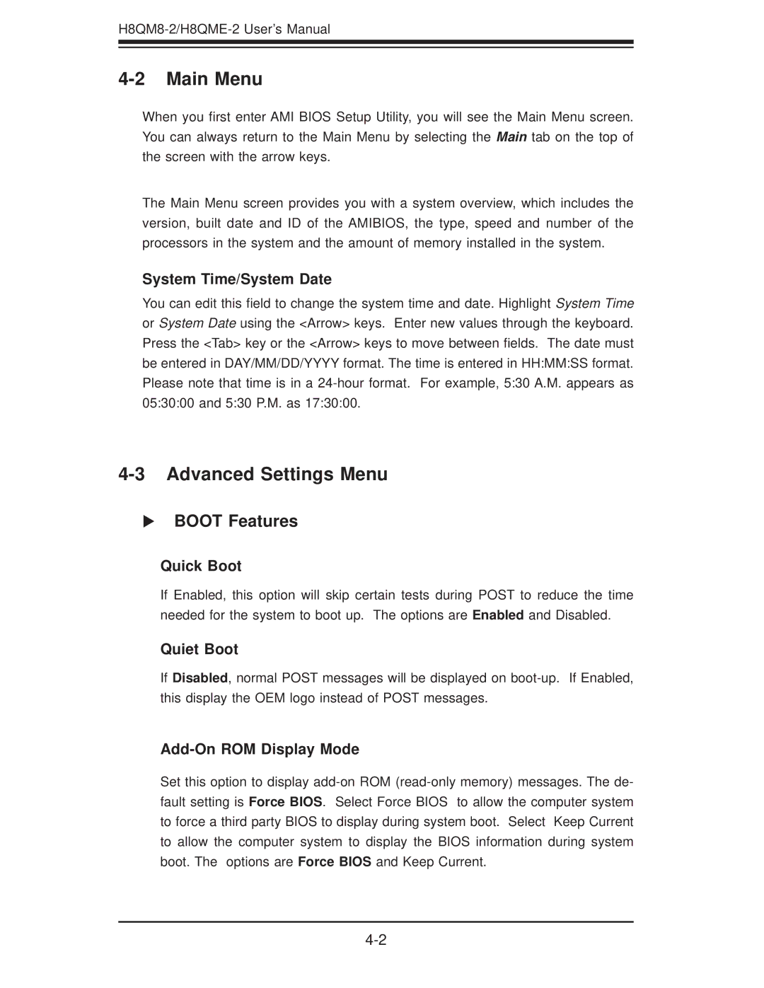 SUPER MICRO Computer H8QME-2, H8QM8-2 user manual Main Menu, Advanced Settings Menu, Boot Features 