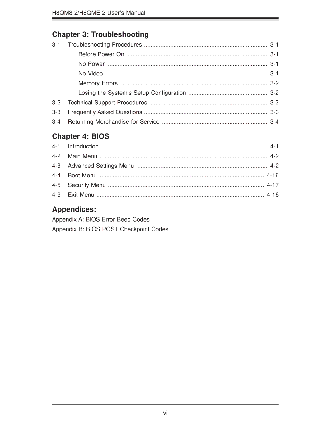 SUPER MICRO Computer H8QME-2, H8QM8-2 user manual Troubleshooting, Bios, Appendices 