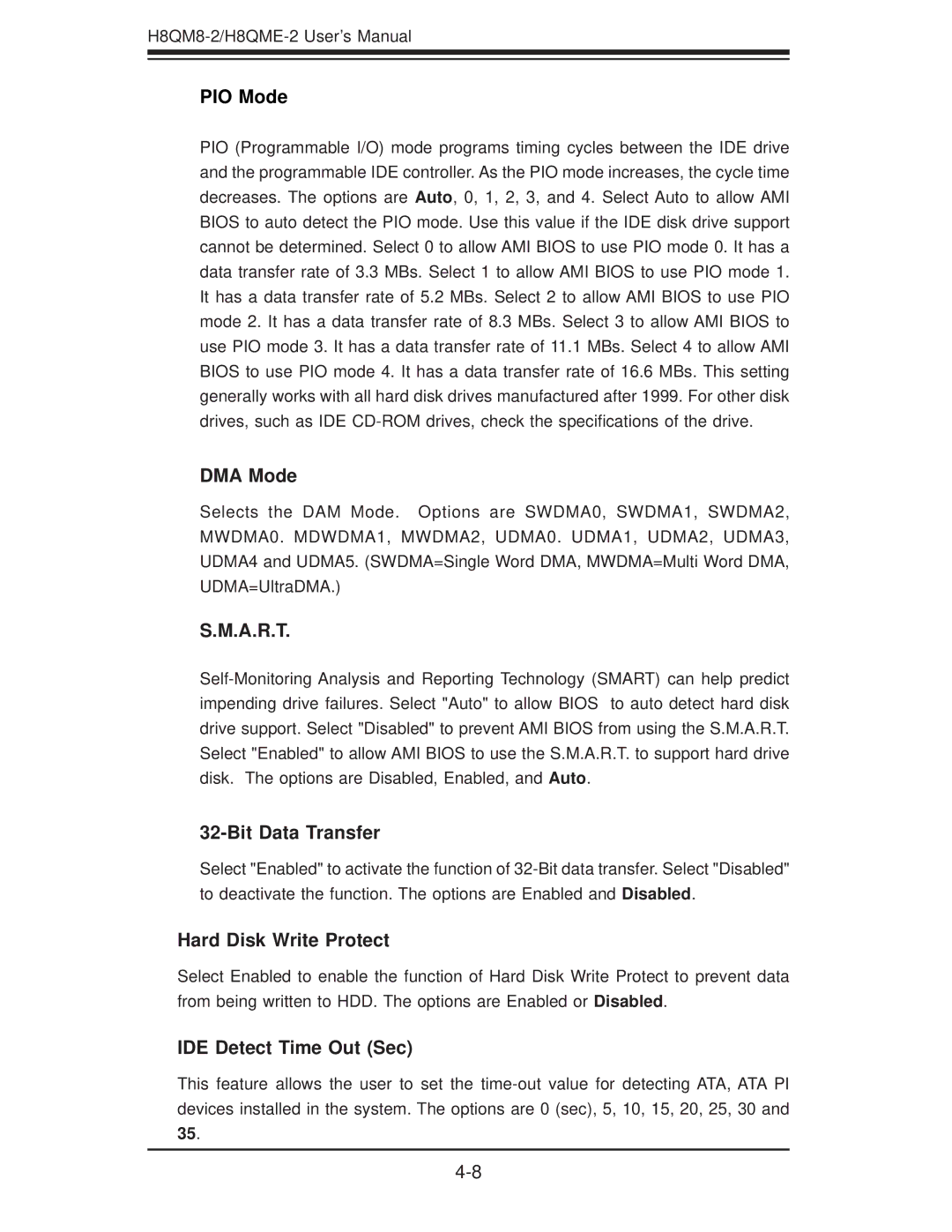 SUPER MICRO Computer H8QME-2, H8QM8-2 user manual Hard Disk Write Protect, IDE Detect Time Out Sec 