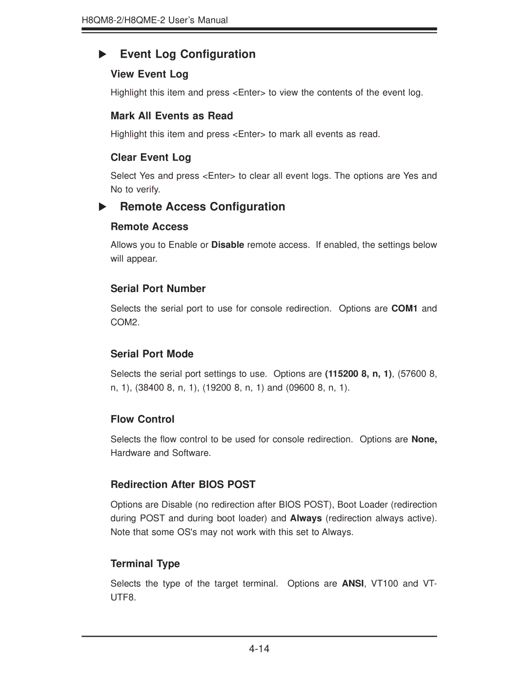 SUPER MICRO Computer H8QME-2, H8QM8-2 user manual Event Log Conﬁguration, Remote Access Conﬁguration 