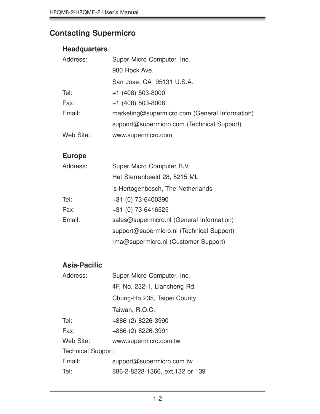 SUPER MICRO Computer H8QME-2, H8QM8-2 user manual Contacting Supermicro, Headquarters, Europe, Asia-Paciﬁc 