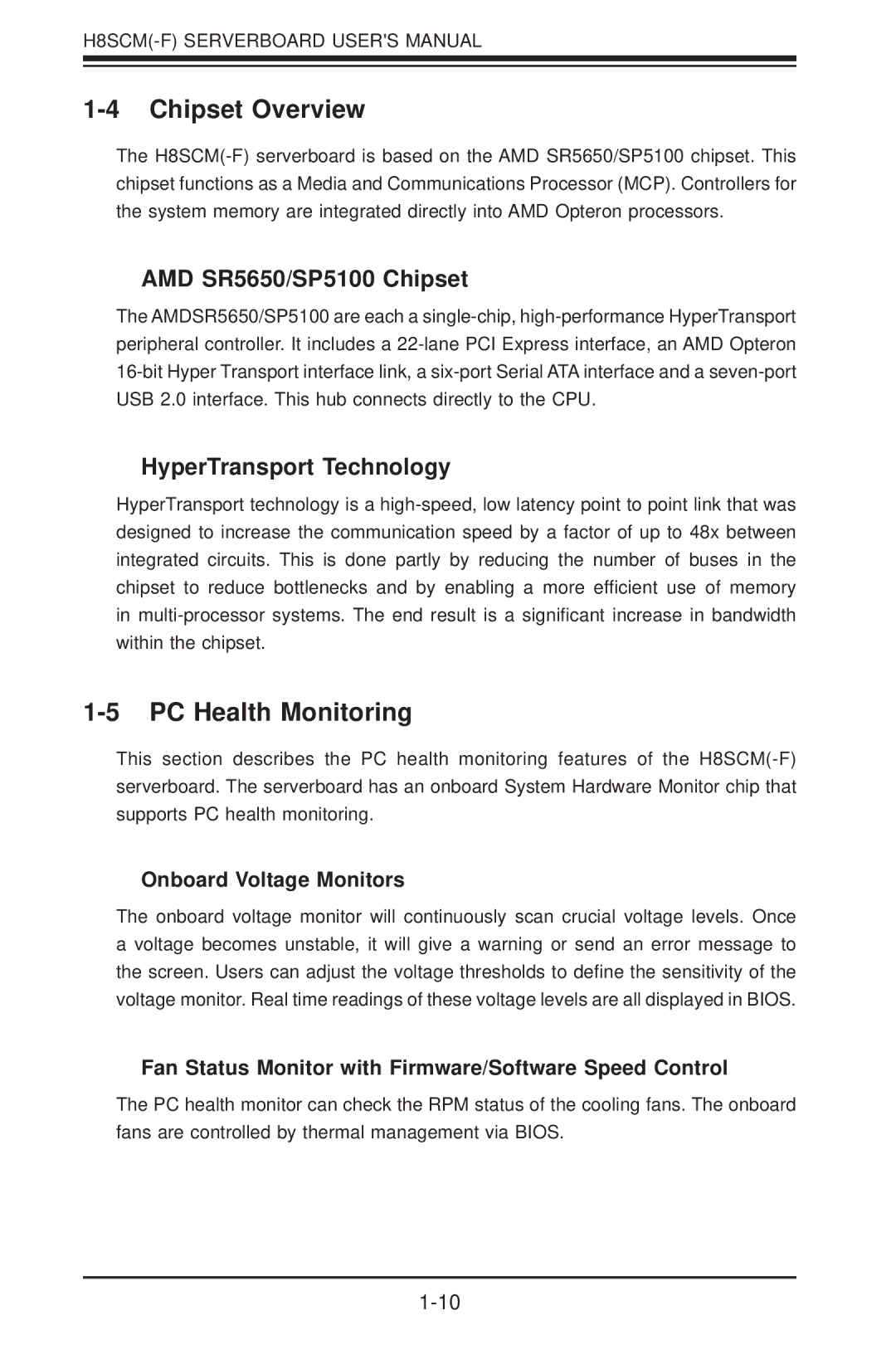 SUPER MICRO Computer H8SCM-F Chipset Overview, PC Health Monitoring, AMD SR5650/SP5100 Chipset, HyperTransport Technology 