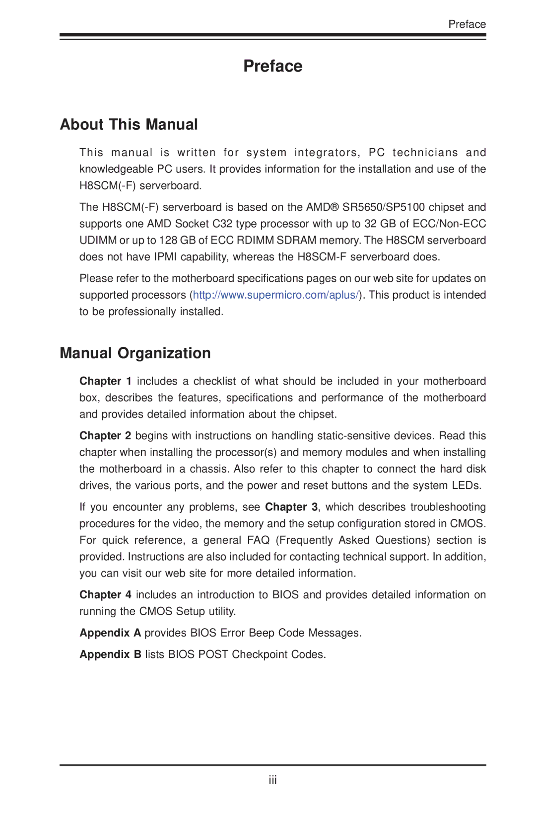 SUPER MICRO Computer H8SCM-F user manual About This Manual, Manual Organization 