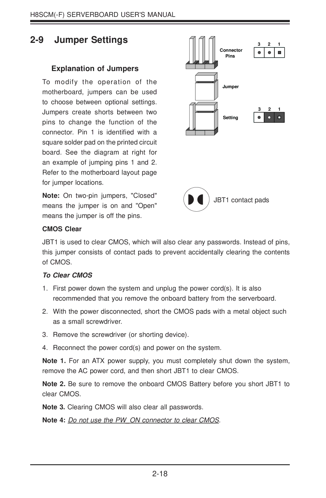 SUPER MICRO Computer H8SCM-F user manual Jumper Settings, Explanation of Jumpers, Cmos Clear 