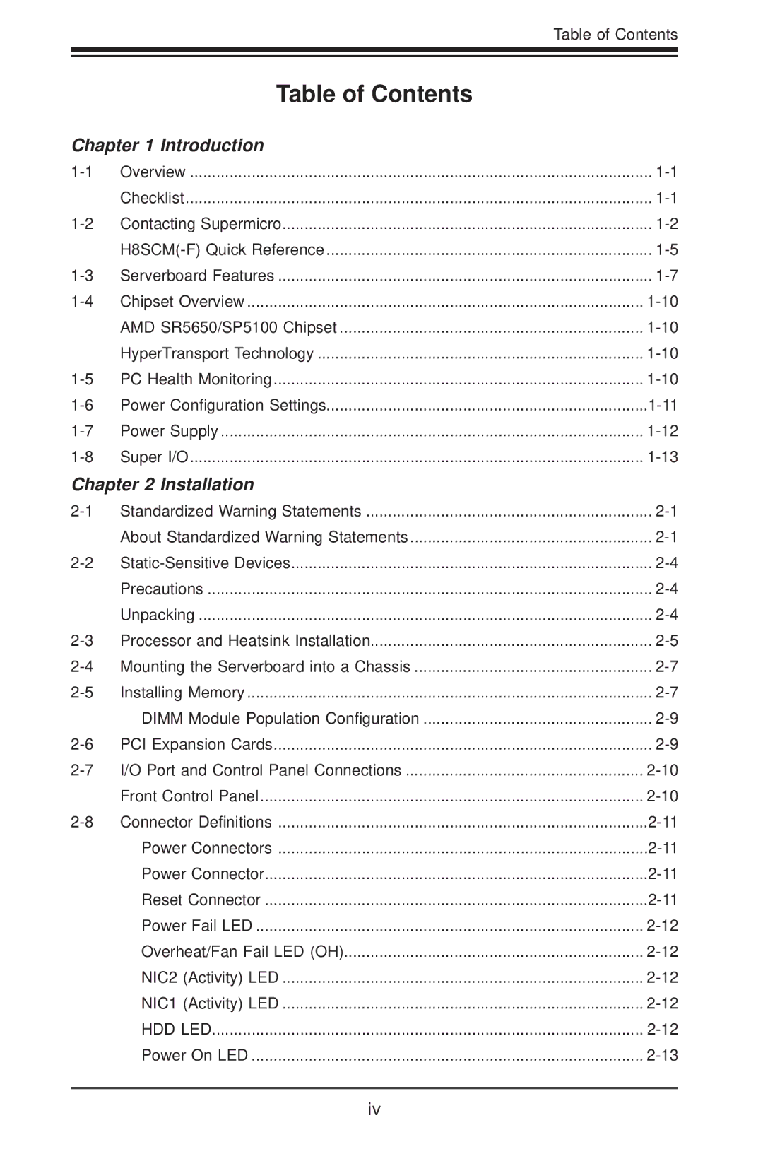 SUPER MICRO Computer H8SCM-F user manual Table of Contents 