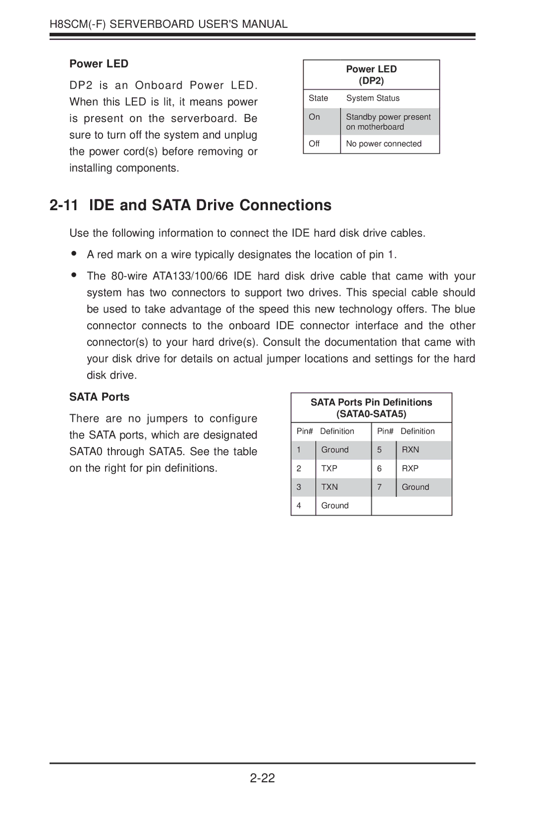 SUPER MICRO Computer H8SCM-F user manual IDE and Sata Drive Connections, Power LED, Sata Ports 