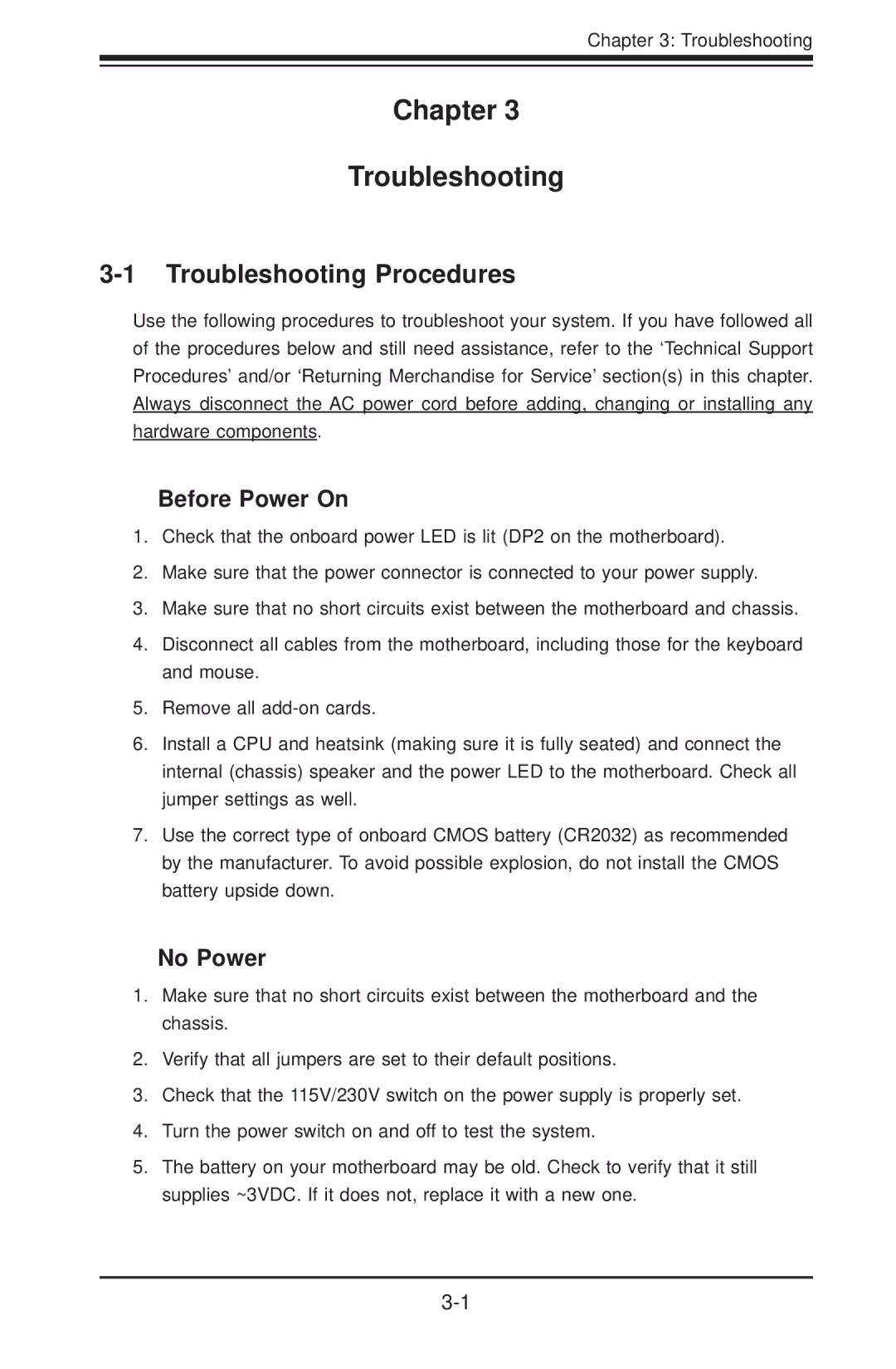 SUPER MICRO Computer H8SCM-F user manual Troubleshooting Procedures, Before Power On, No Power 