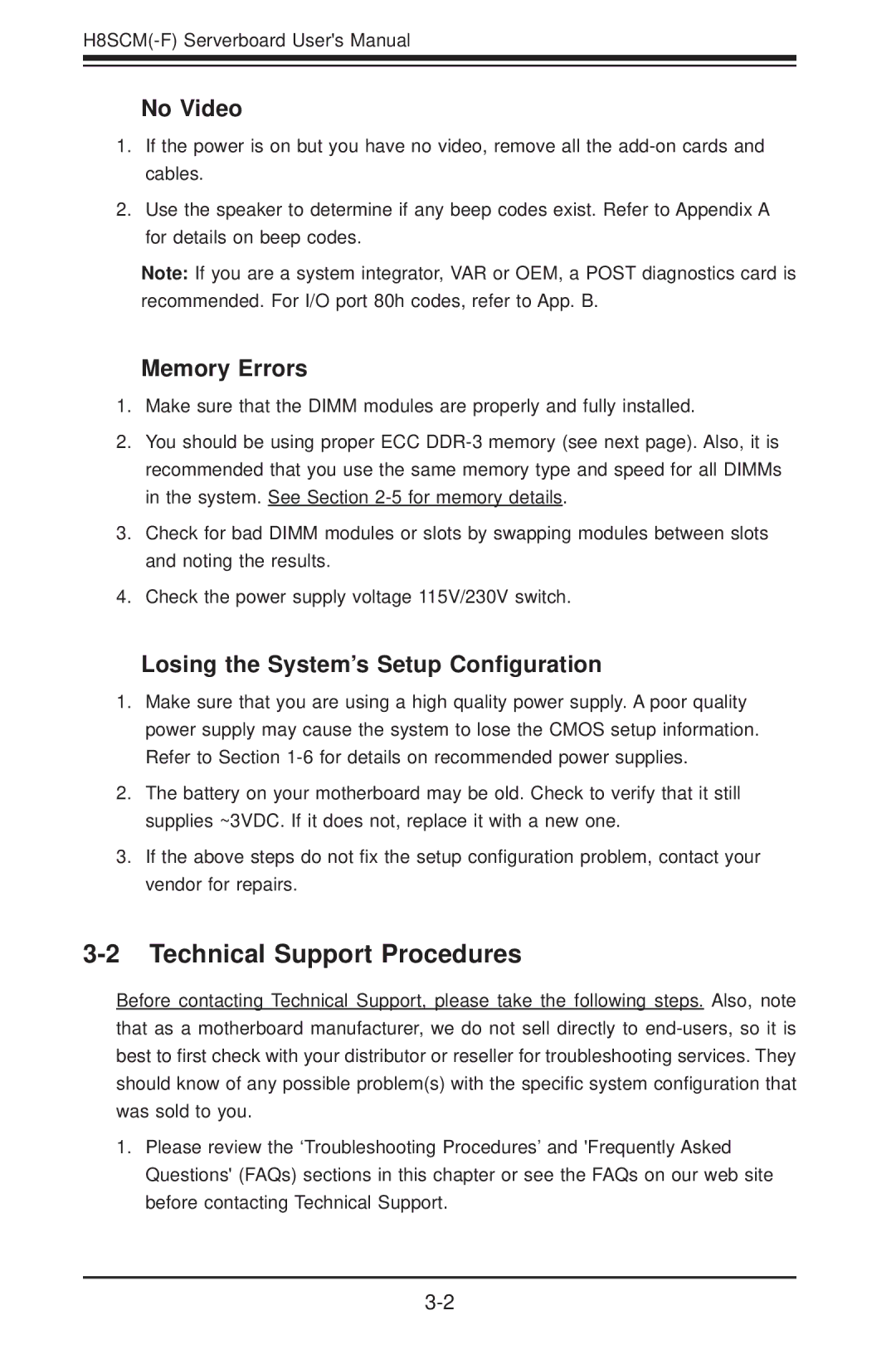 SUPER MICRO Computer H8SCM-F Technical Support Procedures, No Video, Memory Errors, Losing the System’s Setup Conﬁguration 