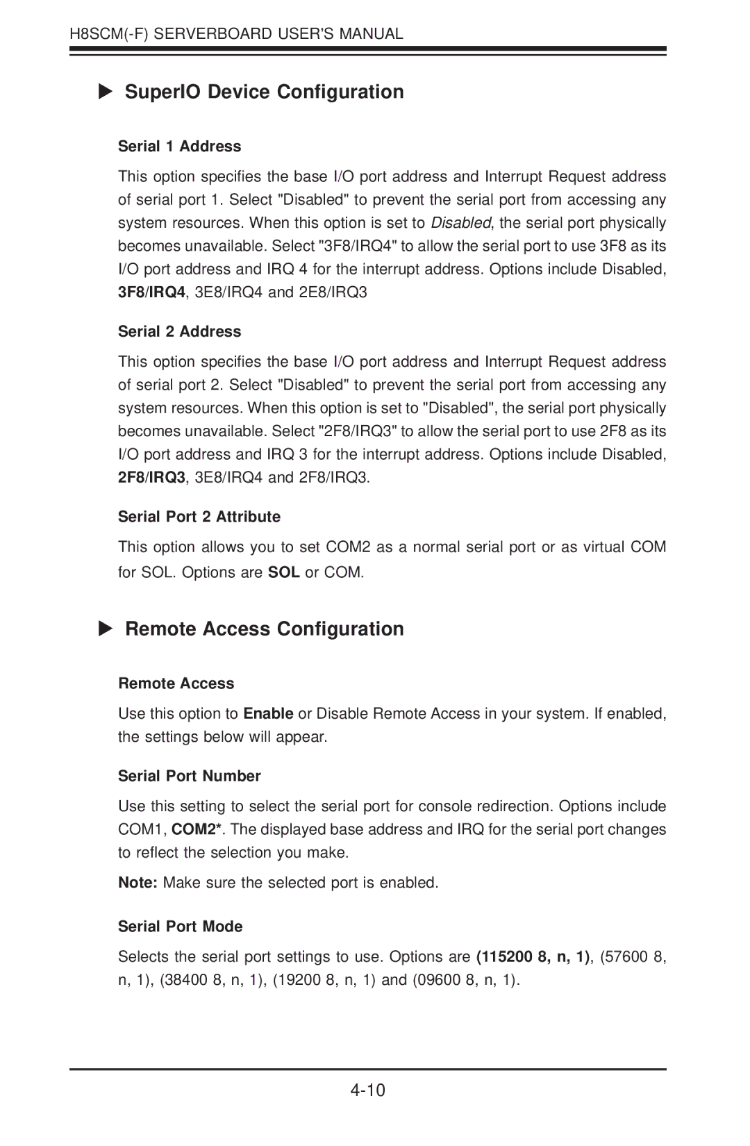 SUPER MICRO Computer H8SCM-F user manual  SuperIO Device Conﬁguration,  Remote Access Conﬁguration 