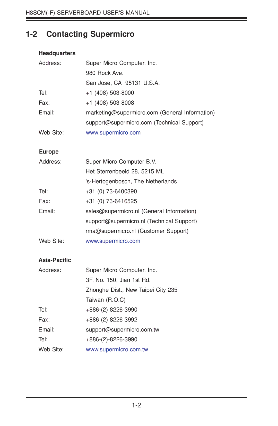 SUPER MICRO Computer H8SCM-F user manual Contacting Supermicro, Headquarters, Europe, Asia-Paciﬁc 