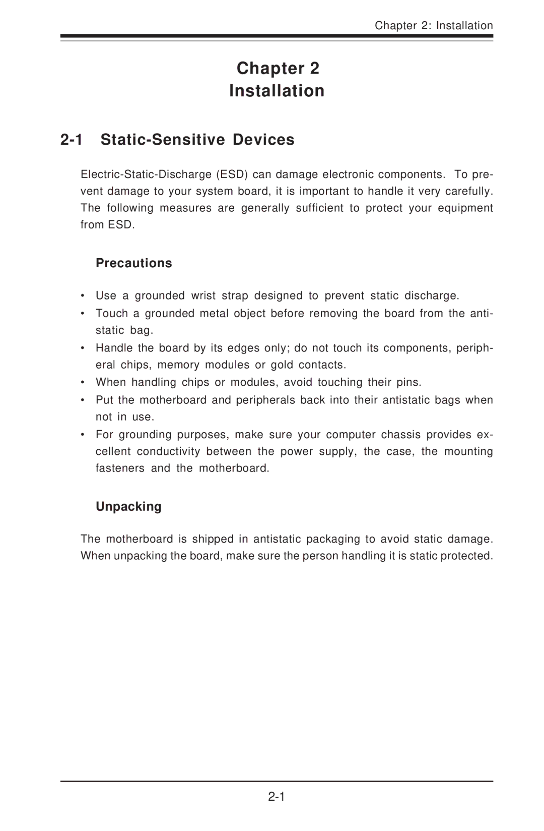 SUPER MICRO Computer I2DMR-8G2 user manual Static-Sensitive Devices, Precautions, Unpacking 