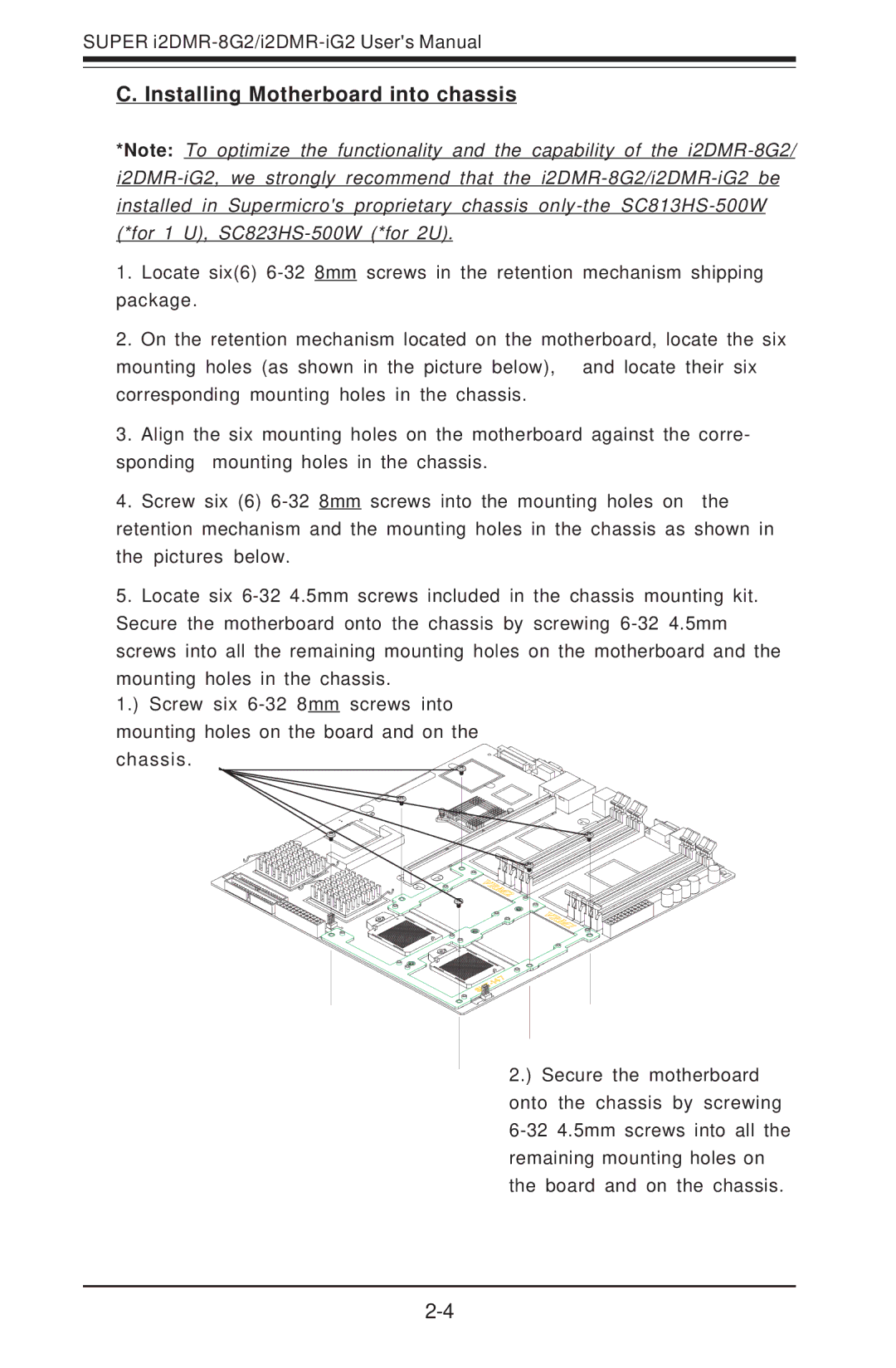 SUPER MICRO Computer I2DMR-8G2 user manual Installing Motherboard into chassis 