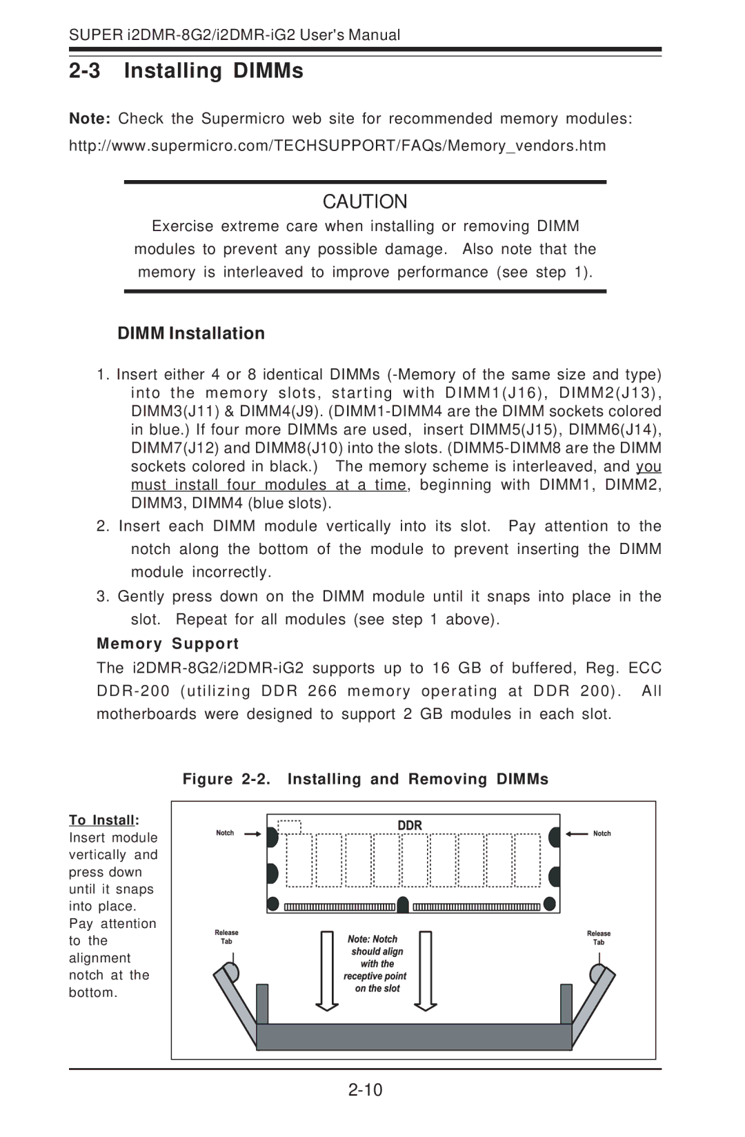 SUPER MICRO Computer I2DMR-8G2 user manual Installing DIMMs, Dimm Installation, Memory Support 