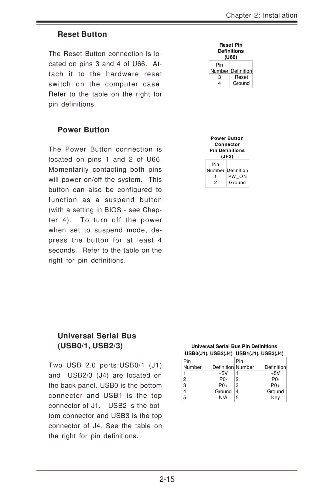 SUPER MICRO Computer I2DMR-8G2 user manual Reset Button, Power Button, Universal Serial Bus USB0/1, USB2/3 