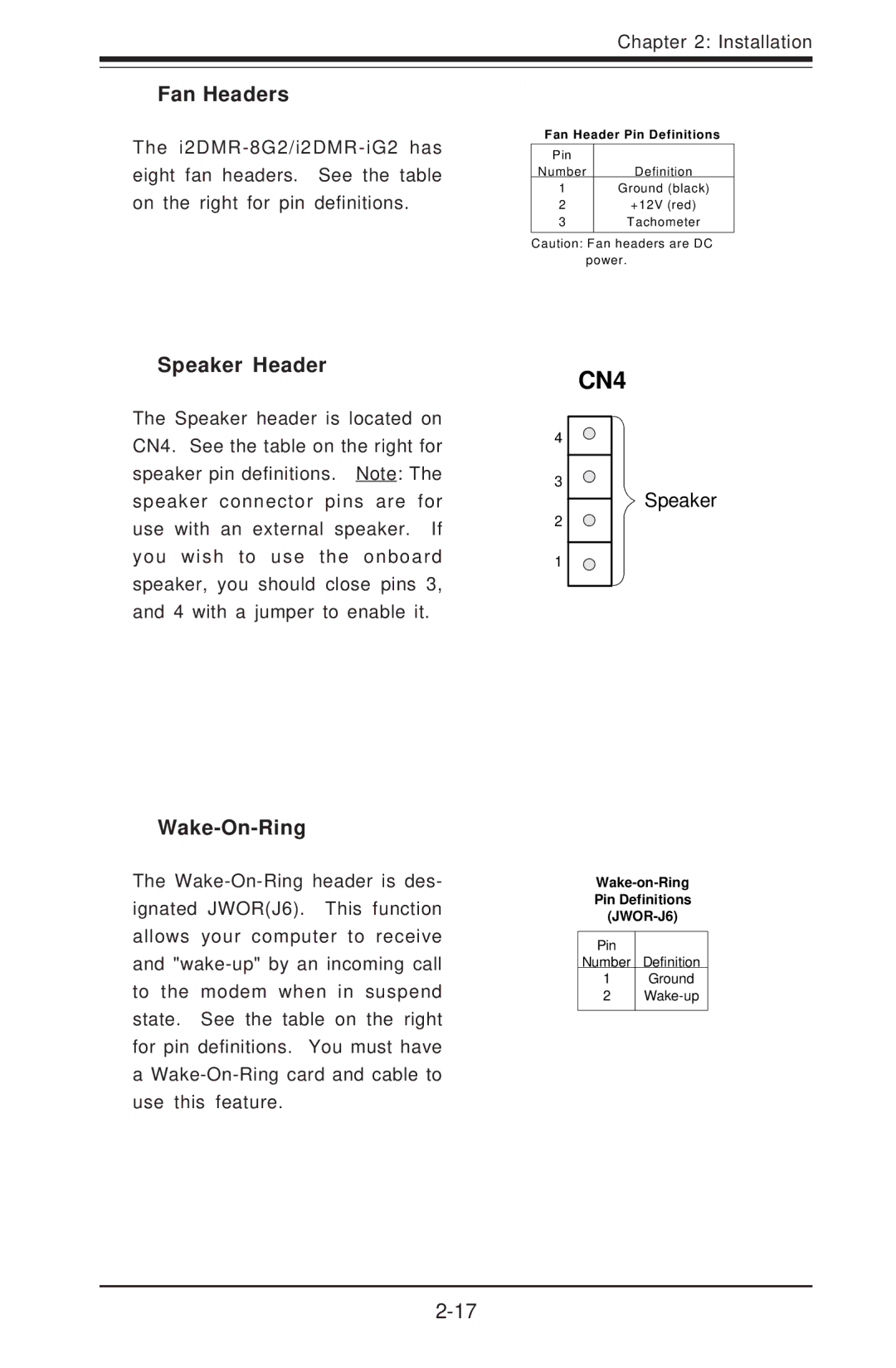 SUPER MICRO Computer I2DMR-8G2 user manual Fan Headers, Speaker Header, Wake-On-Ring 