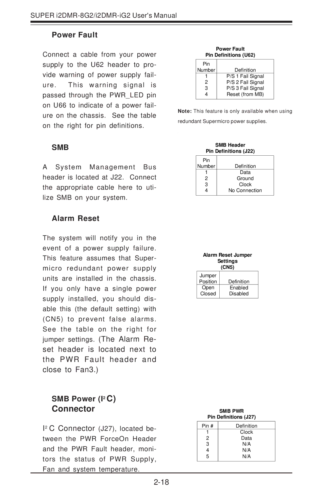 SUPER MICRO Computer I2DMR-8G2 user manual Connector, Power Fault, Alarm Reset, SMB Power I2 C 