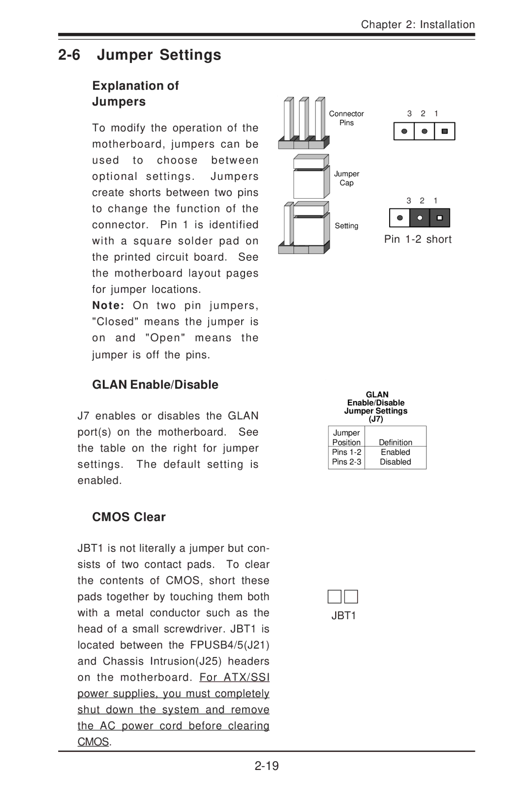 SUPER MICRO Computer I2DMR-8G2 user manual Jumper Settings, Explanation Jumpers, Glan Enable/Disable, Cmos Clear 