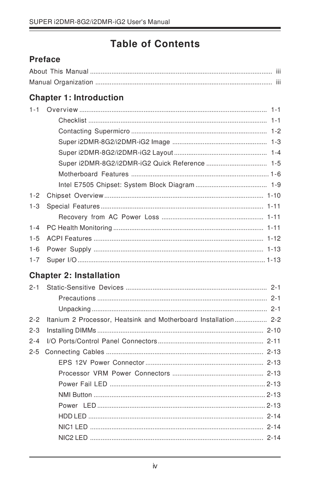 SUPER MICRO Computer I2DMR-8G2 user manual Table of Contents 