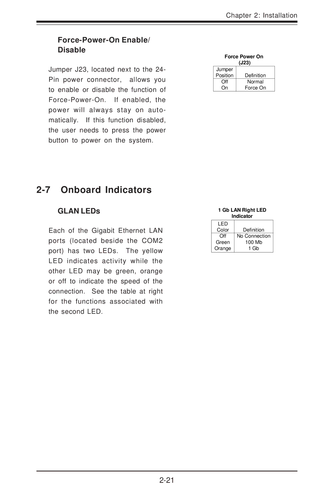 SUPER MICRO Computer I2DMR-8G2 user manual Onboard Indicators, Force-Power-On Enable Disable, Glan LEDs 