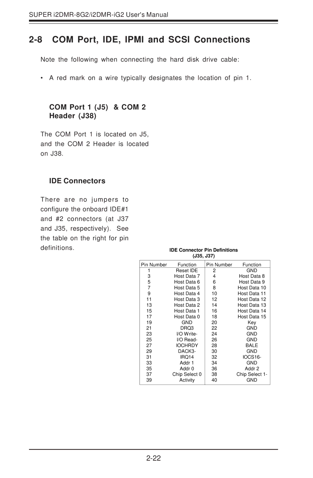 SUPER MICRO Computer I2DMR-8G2 COM Port, IDE, Ipmi and Scsi Connections, COM Port 1 J5 & COM Header J38, IDE Connectors 