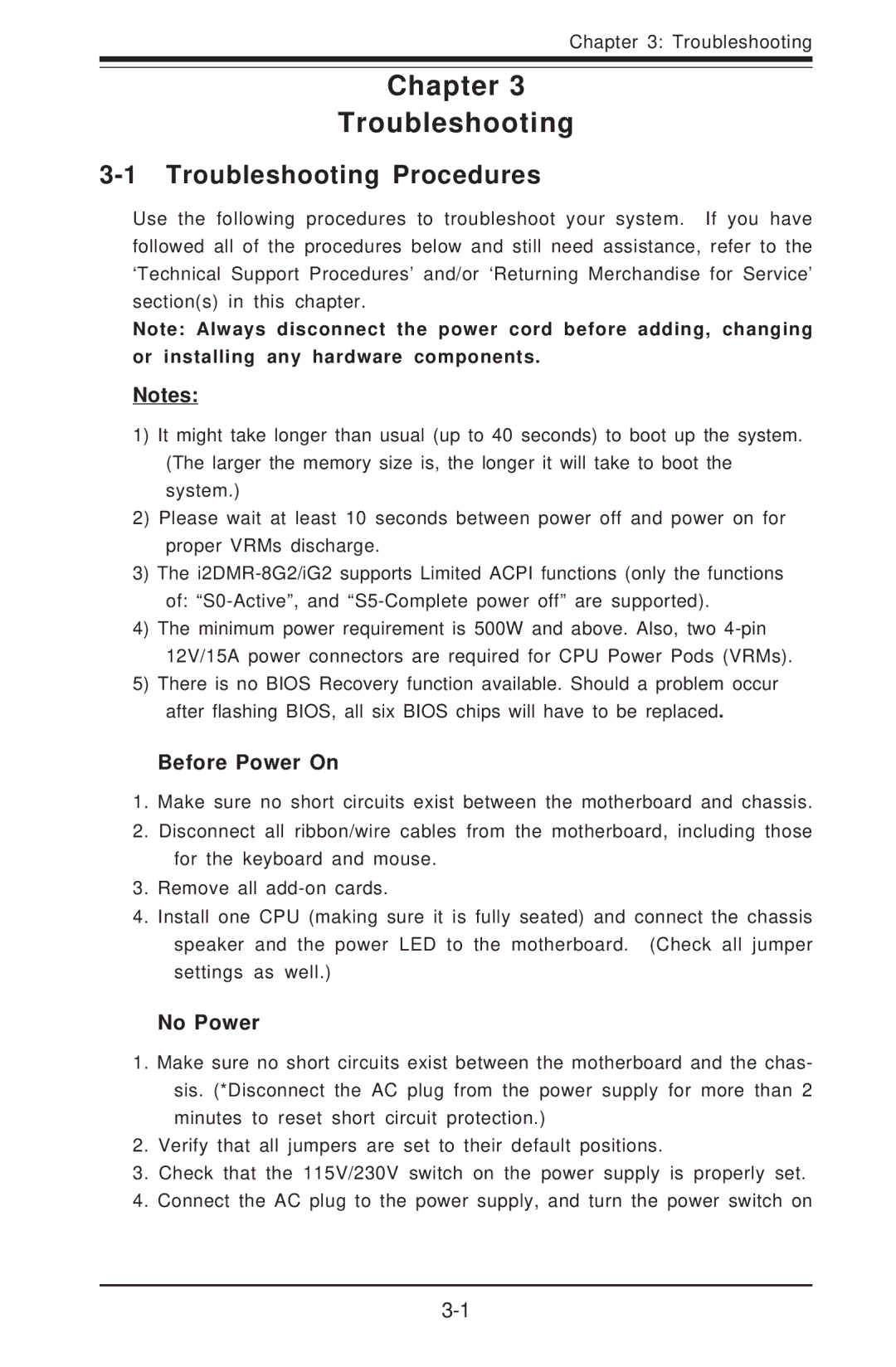 SUPER MICRO Computer I2DMR-8G2 user manual Troubleshooting Procedures, Before Power On, No Power 