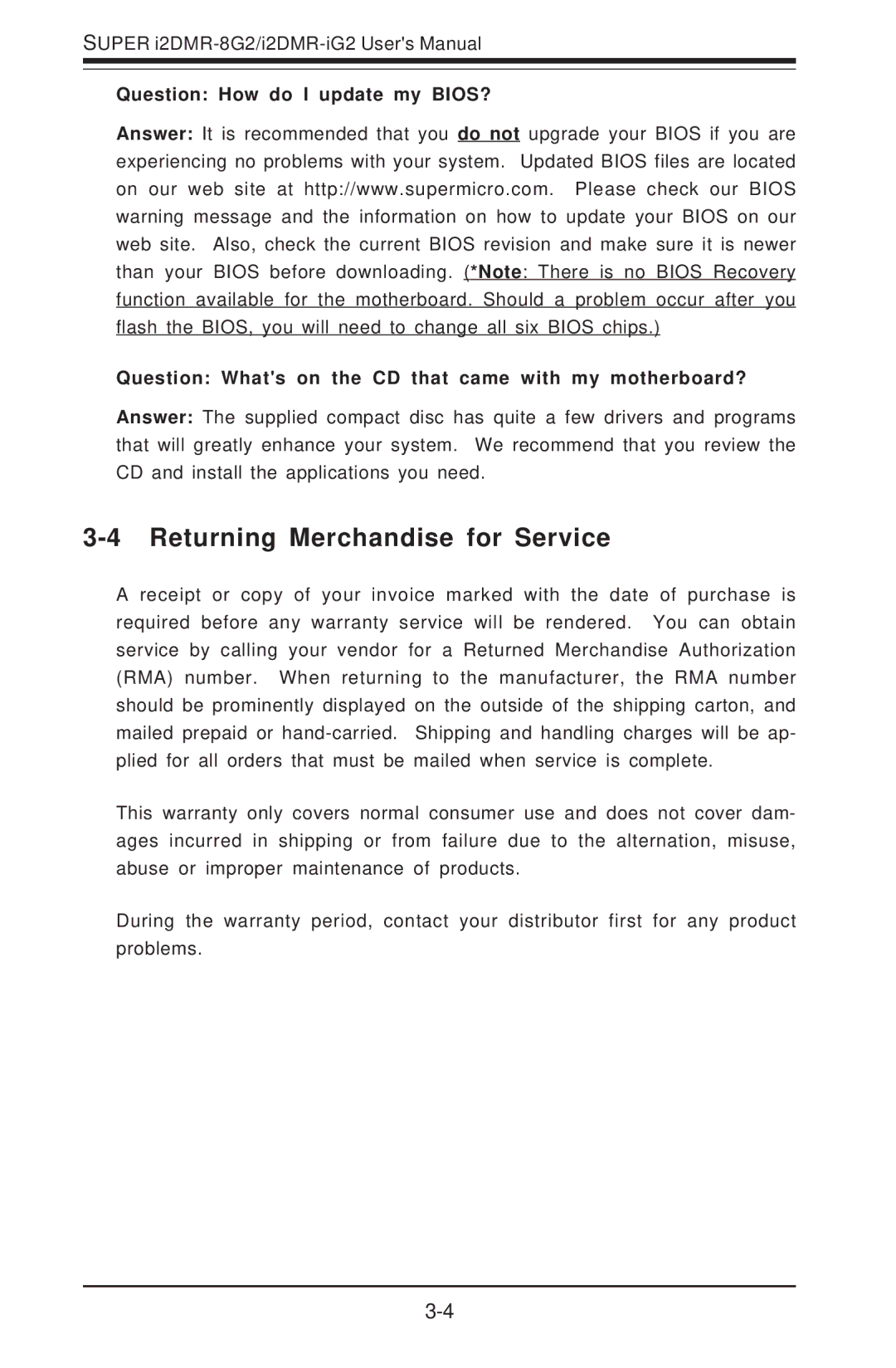 SUPER MICRO Computer I2DMR-8G2 user manual Returning Merchandise for Service 