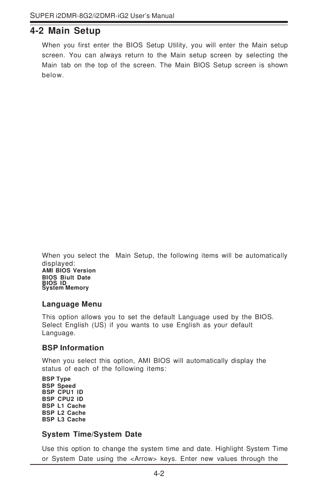 SUPER MICRO Computer I2DMR-8G2 user manual Main Setup, Language Menu, BSP Information, System Time/System Date 