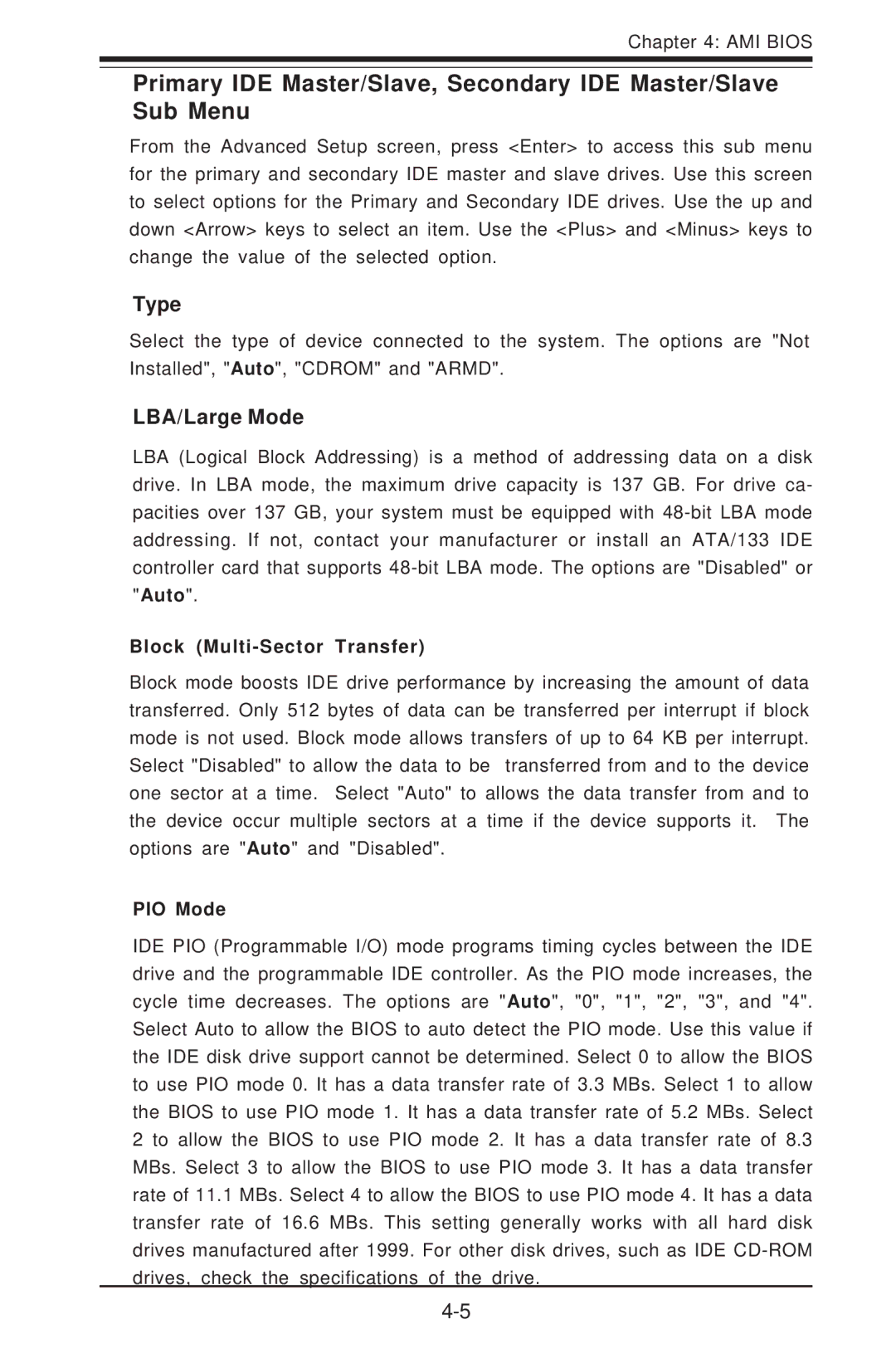 SUPER MICRO Computer I2DMR-8G2 user manual Type, LBA/Large Mode, Block Multi-Sector Transfer 