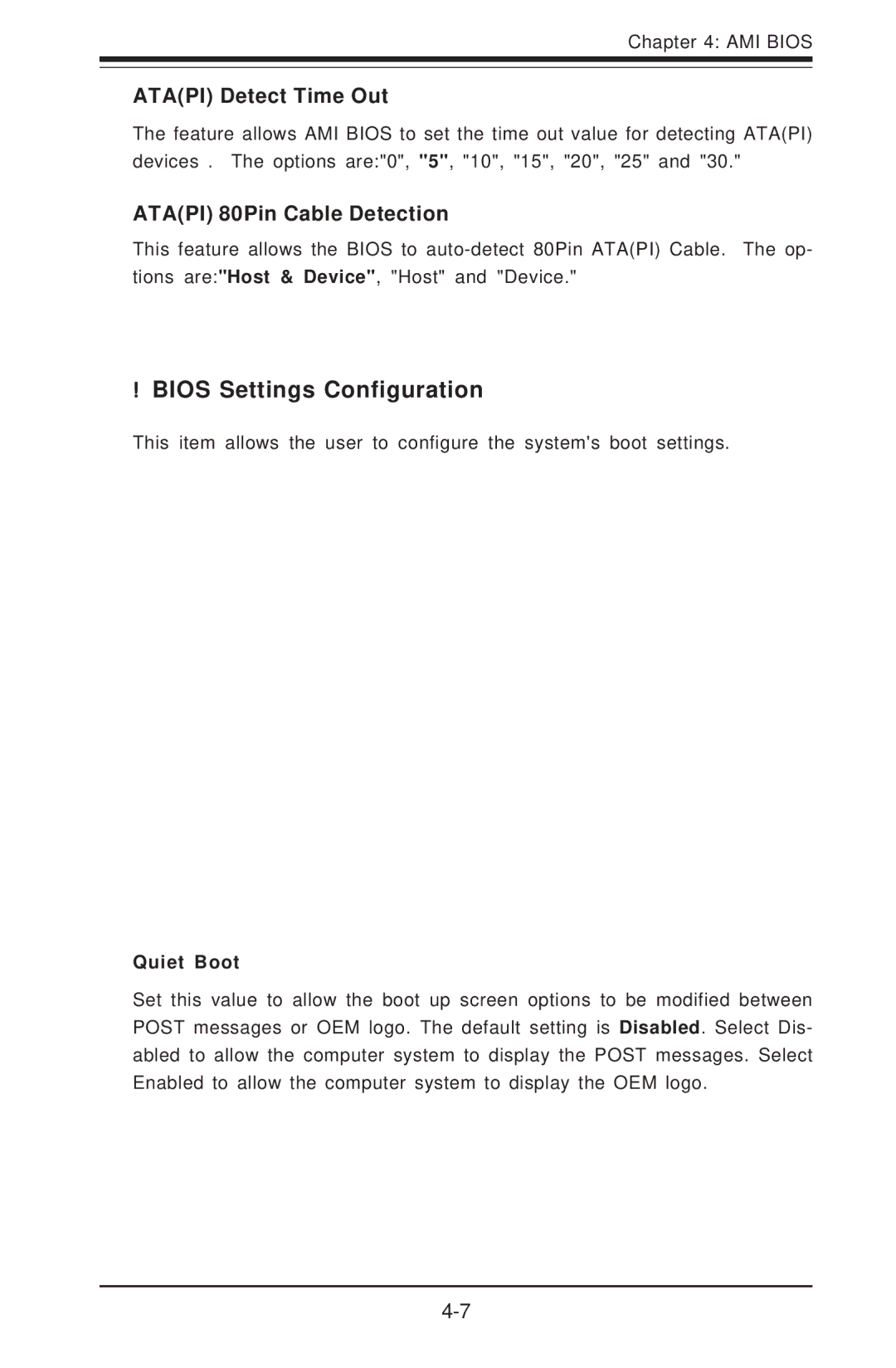 SUPER MICRO Computer I2DMR-8G2 Bios Settings Configuration, Atapi Detect Time Out, Atapi 80Pin Cable Detection, Quiet Boot 