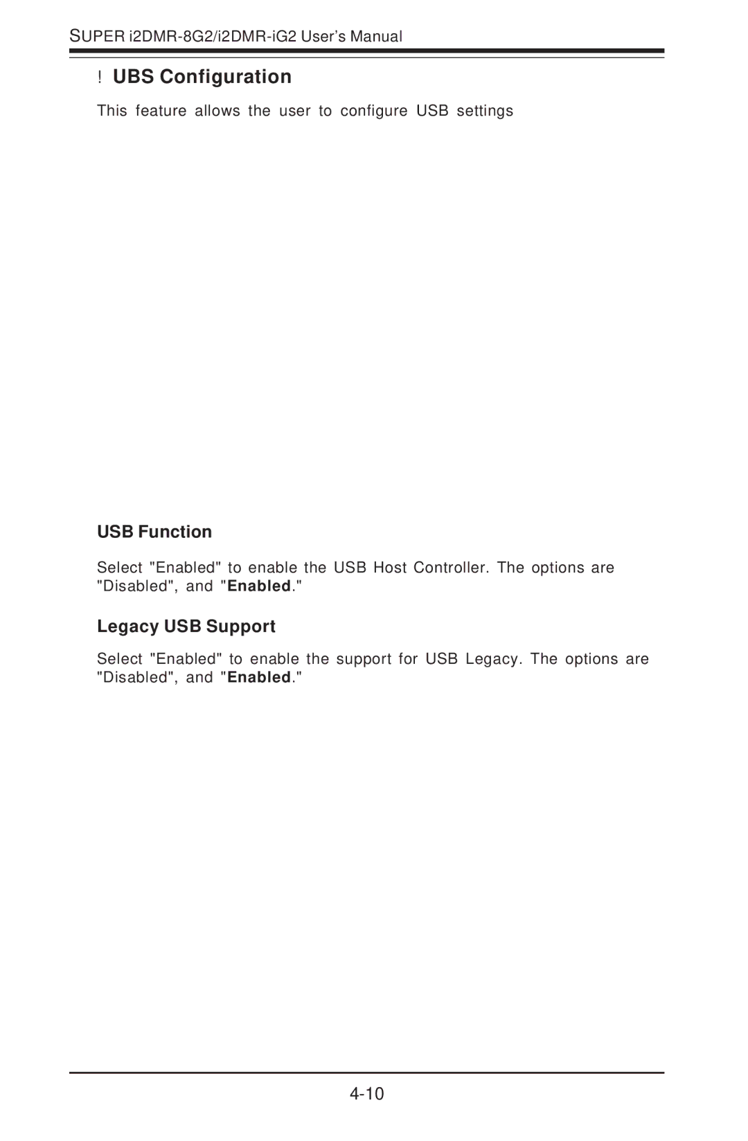 SUPER MICRO Computer I2DMR-8G2 user manual UBS Configuration, USB Function, Legacy USB Support 