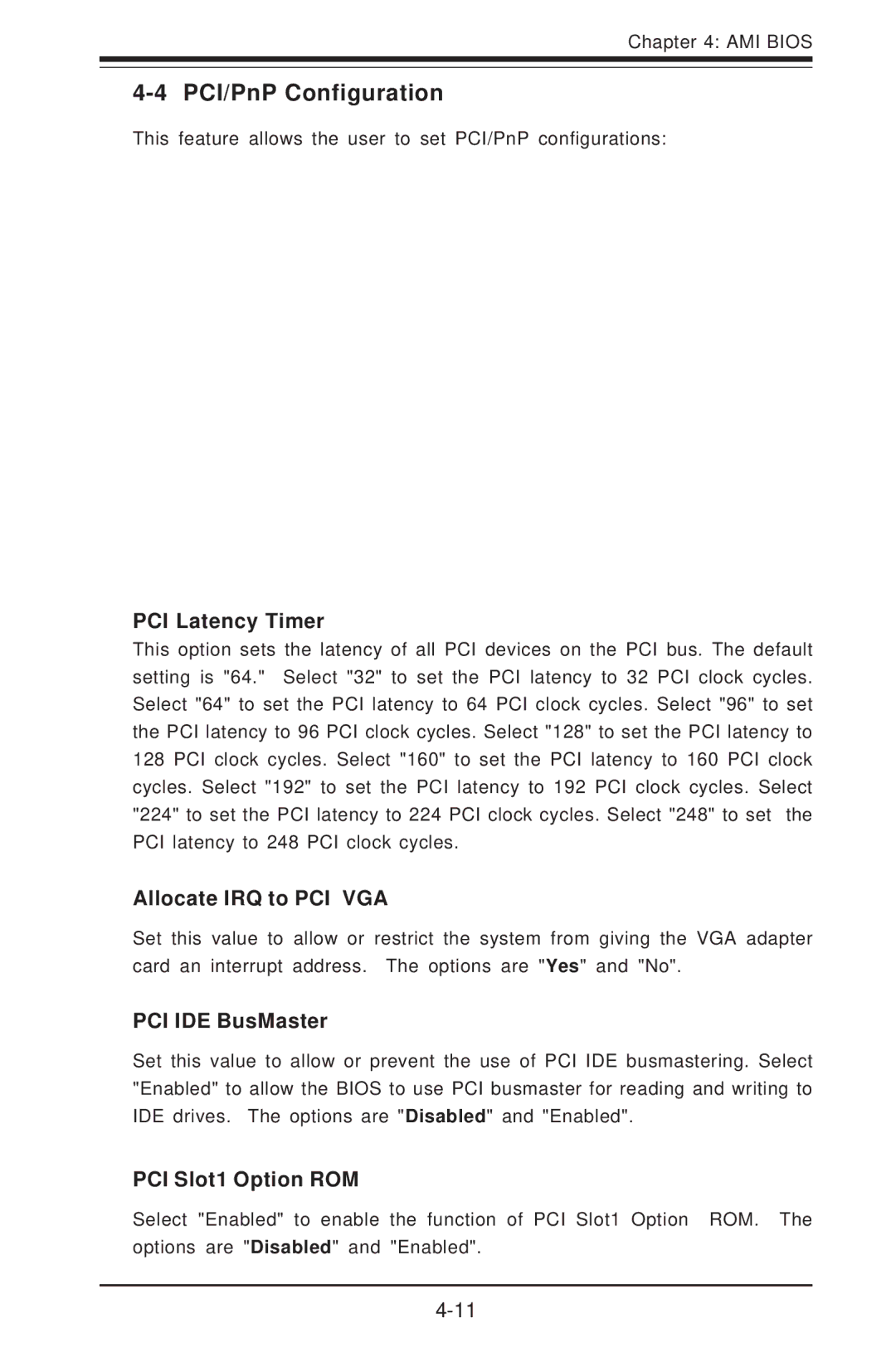 SUPER MICRO Computer I2DMR-8G2 PCI/PnP Configuration, PCI Latency Timer, Allocate IRQ to PCI VGA, PCI IDE BusMaster 