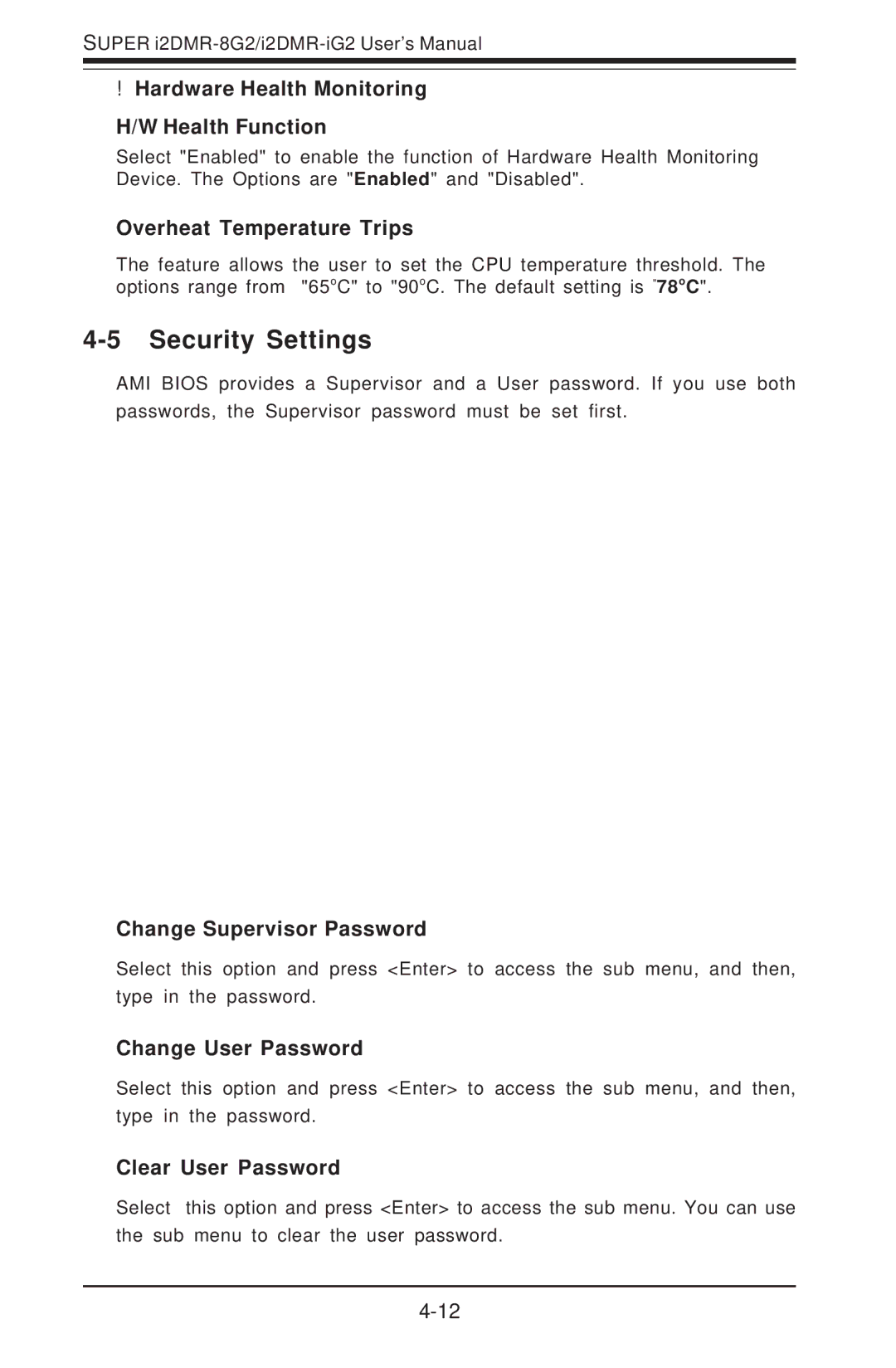 SUPER MICRO Computer I2DMR-8G2 user manual Security Settings 