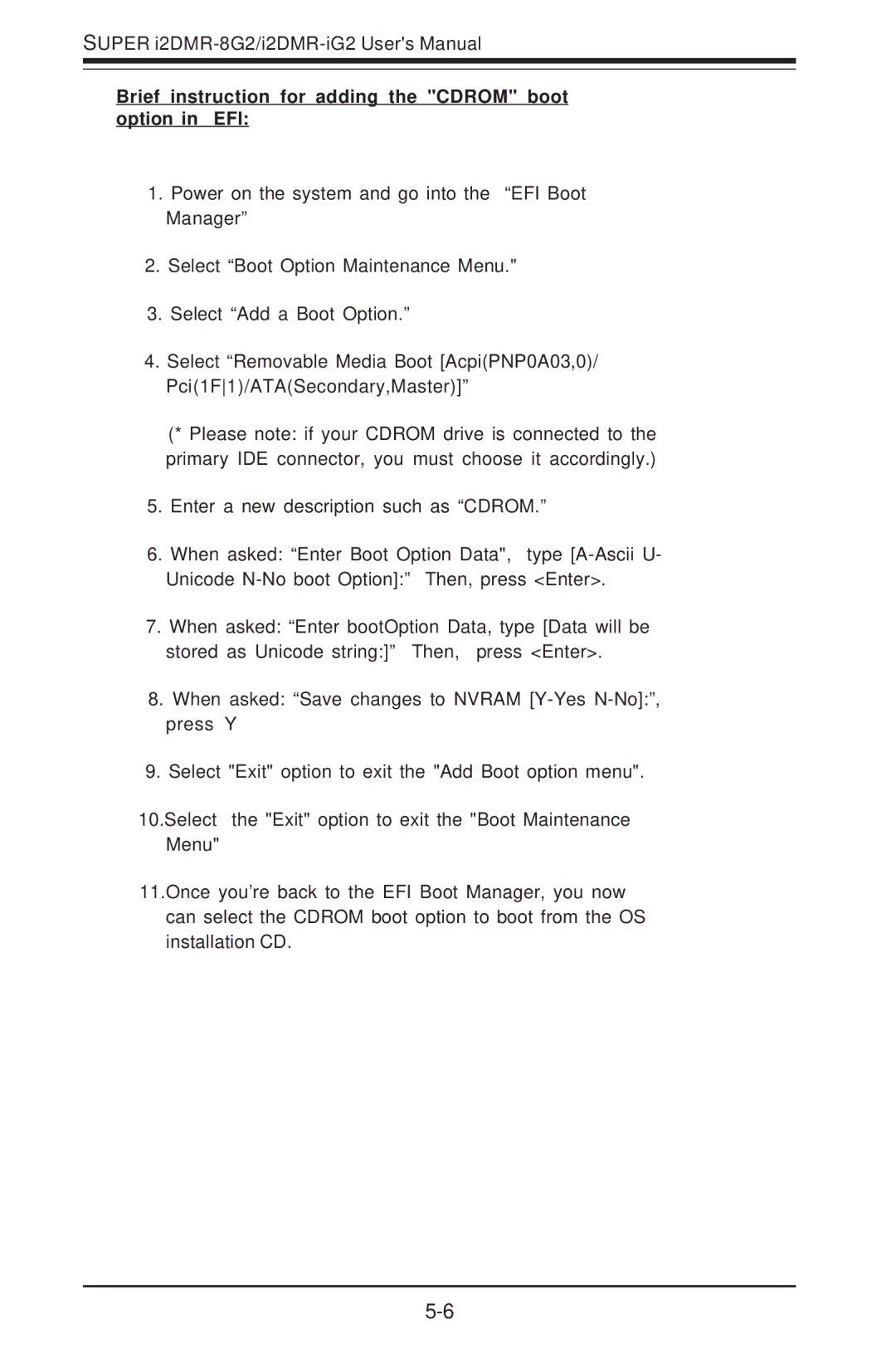 SUPER MICRO Computer I2DMR-8G2 user manual Brief instruction for adding the Cdrom boot option in EFI 