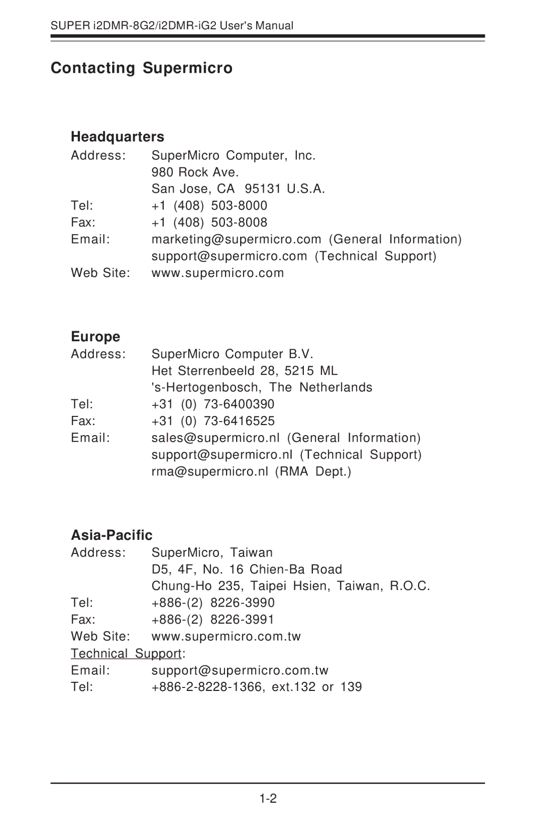 SUPER MICRO Computer I2DMR-8G2 user manual Contacting Supermicro, Headquarters, Europe, Asia-Pacific 