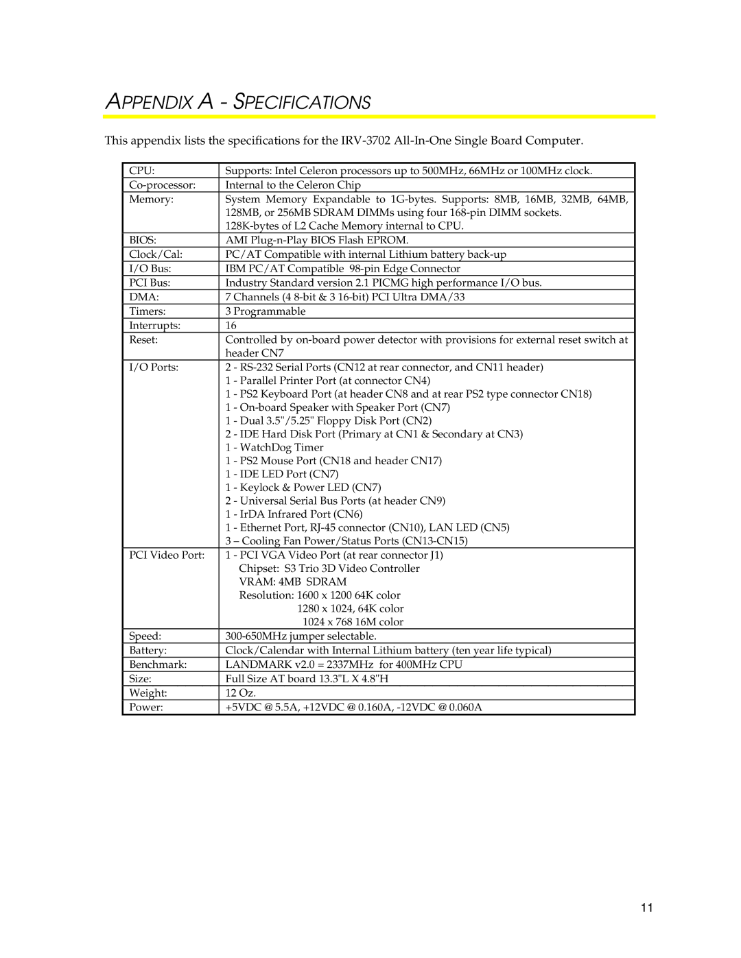 SUPER MICRO Computer IRV-3702 user manual Appendix a Specifications, Cpu 