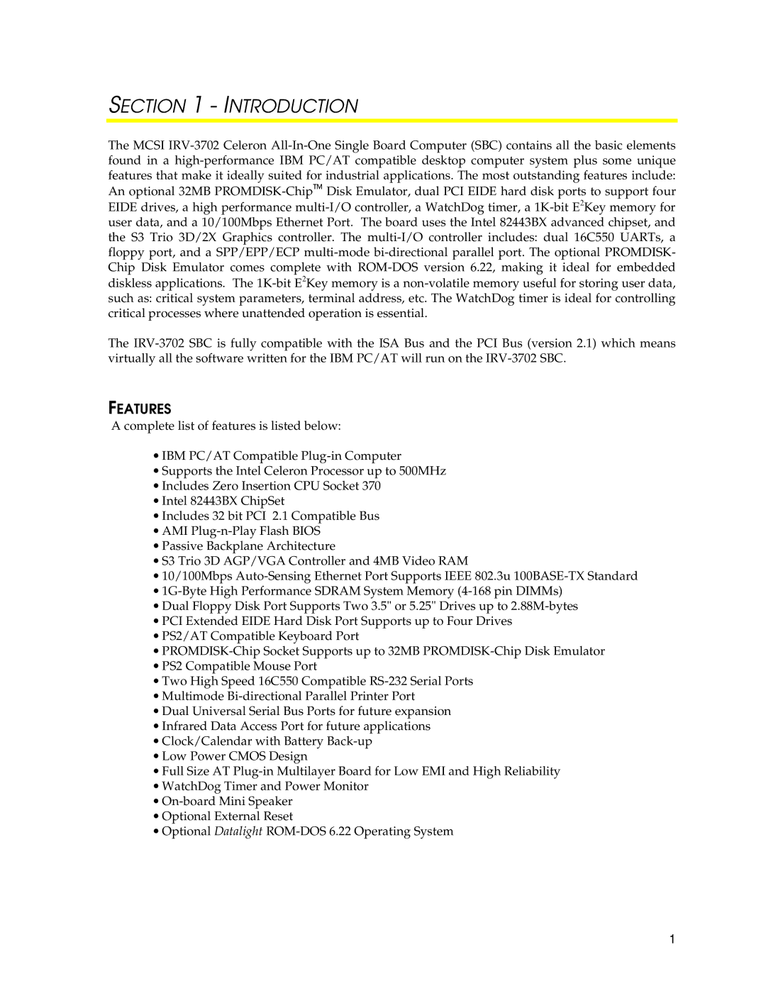 SUPER MICRO Computer IRV-3702 user manual Introduction, Features 