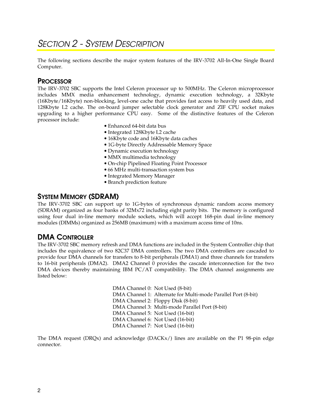 SUPER MICRO Computer IRV-3702 user manual System Description, Processor, System Memory Sdram, DMA Controller 